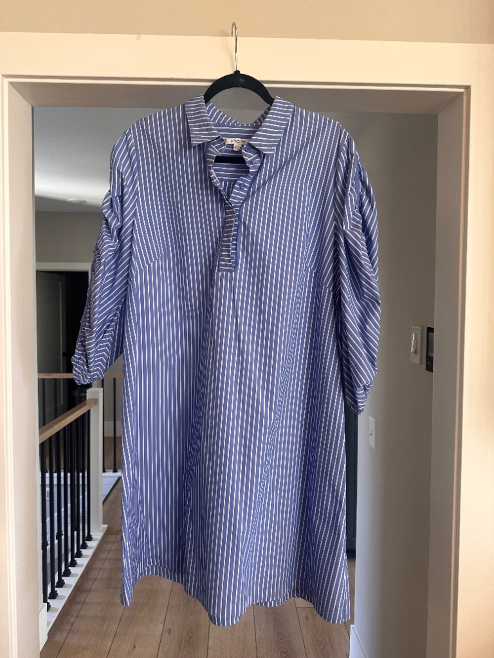 Chico's Striped Ruched Sleeves Popover Dress Size 3 Blue And White